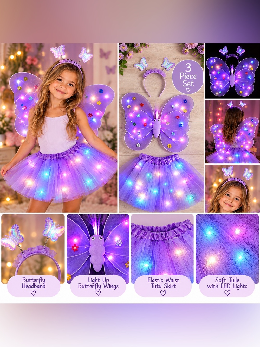 Kids Light-Up Purple Butterfly Costume Set - 3 Piece